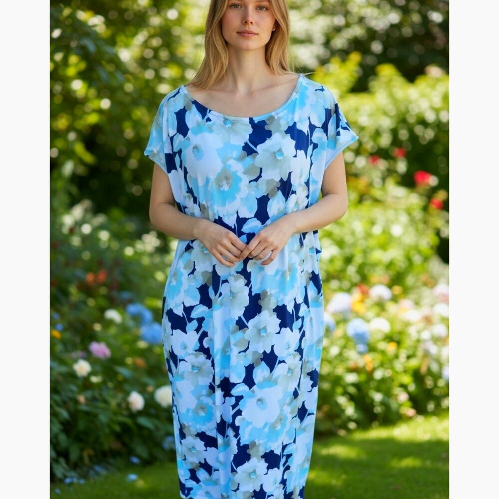 Chico's Size 3(16 US) Short Sleeve Watercolor Floral Pattern Knit Pullover Dress